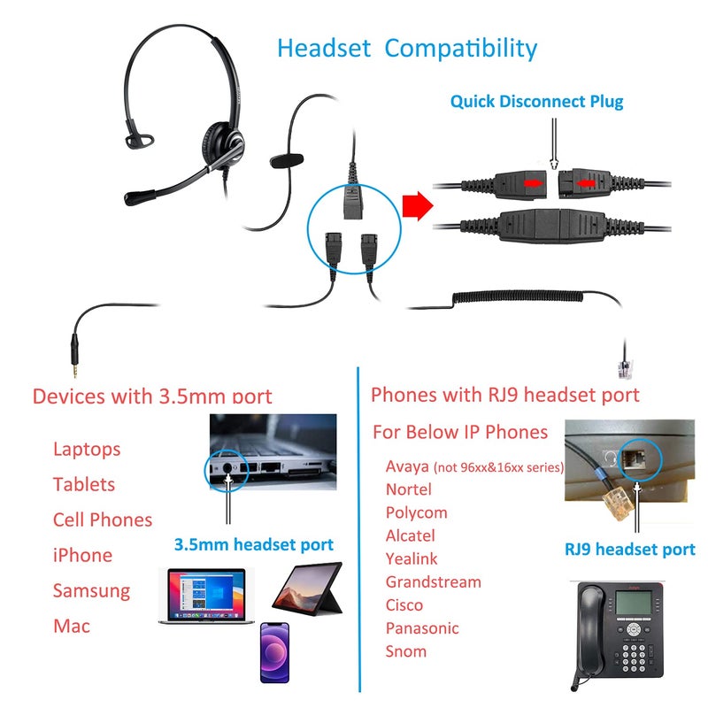 MAIRDI Office Headset with Microphone Noise Canceling, with RJ9 & 3.5mm Jack for Landline Deskphone Cell Phone PC Laptop, Telephone Headset for Call Center Phone, Work for Polycom Avaya Nortel - Image 4